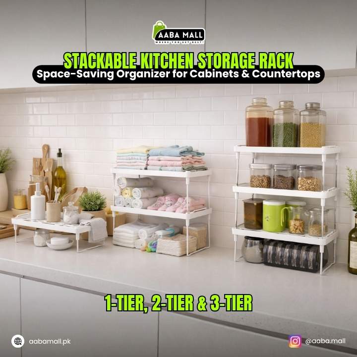 Stackable kitchen storage rack with various items on a kitchen counter, featuring Aaba Mall branding.