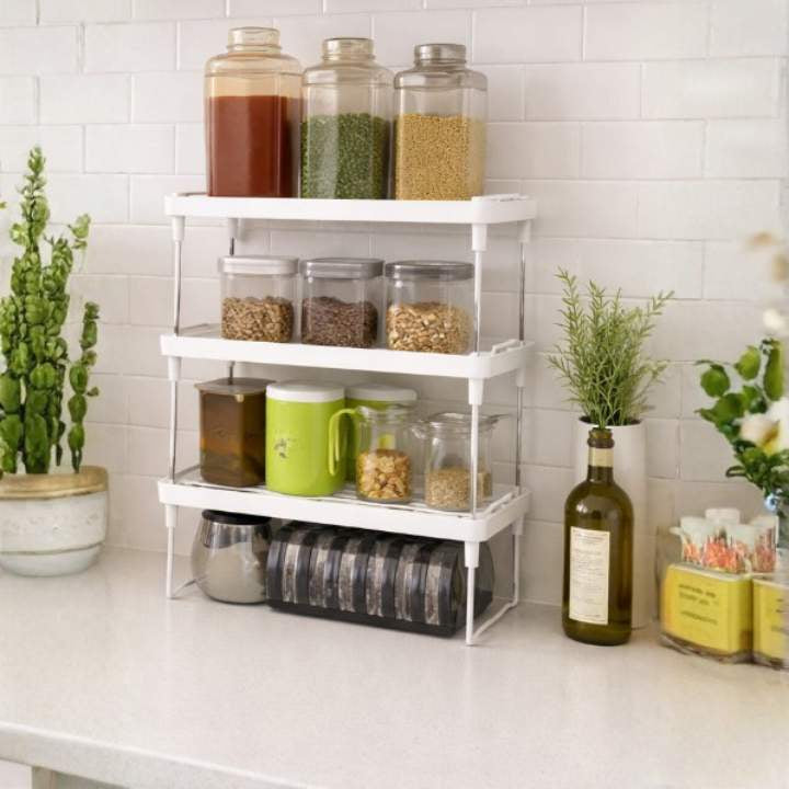 1/2/3 Tier Stackable Kitchen Storage Rack ? Space-Saving Organizer for Cabinets & Countertops