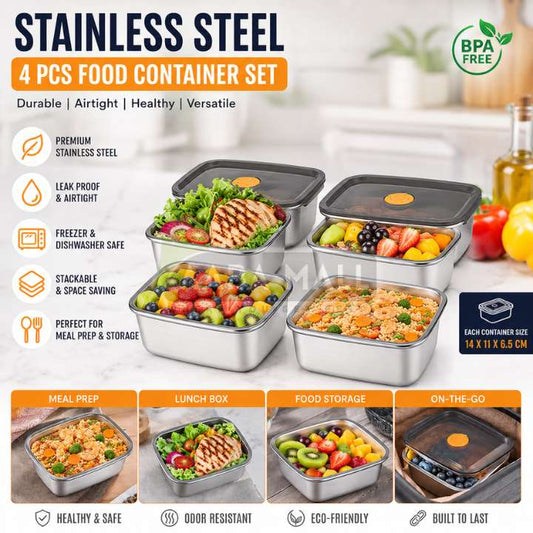 Stainless steel food container set with various food items on a kitchen counter, featuring BPA-free label.