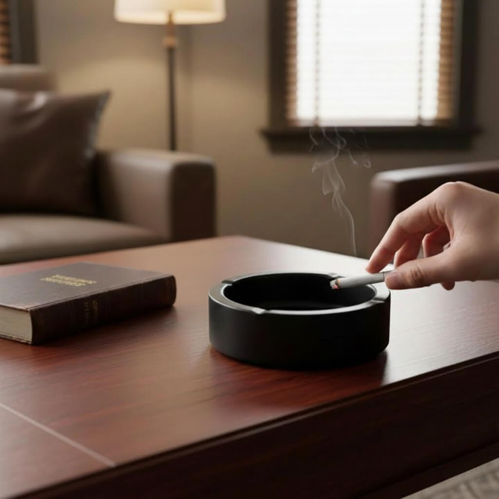 Hand placing a lit cigarette into an ashtray on a wooden table with a blurred background