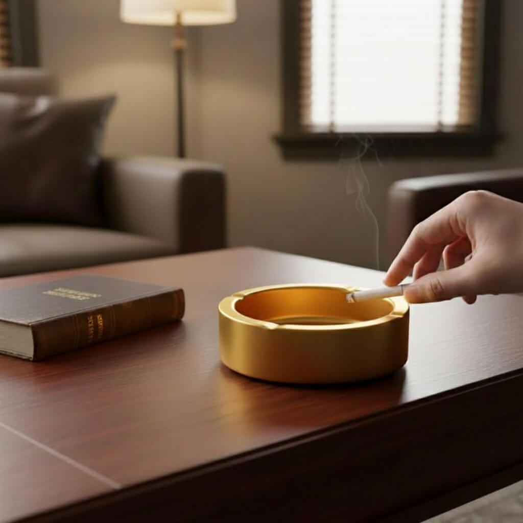 Hand placing a cigarette into a gold ashtray on a wooden table with a blurred background