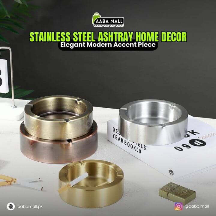 Three stainless steel ashtrays in gold, silver, and bronze on a table with a dark background.