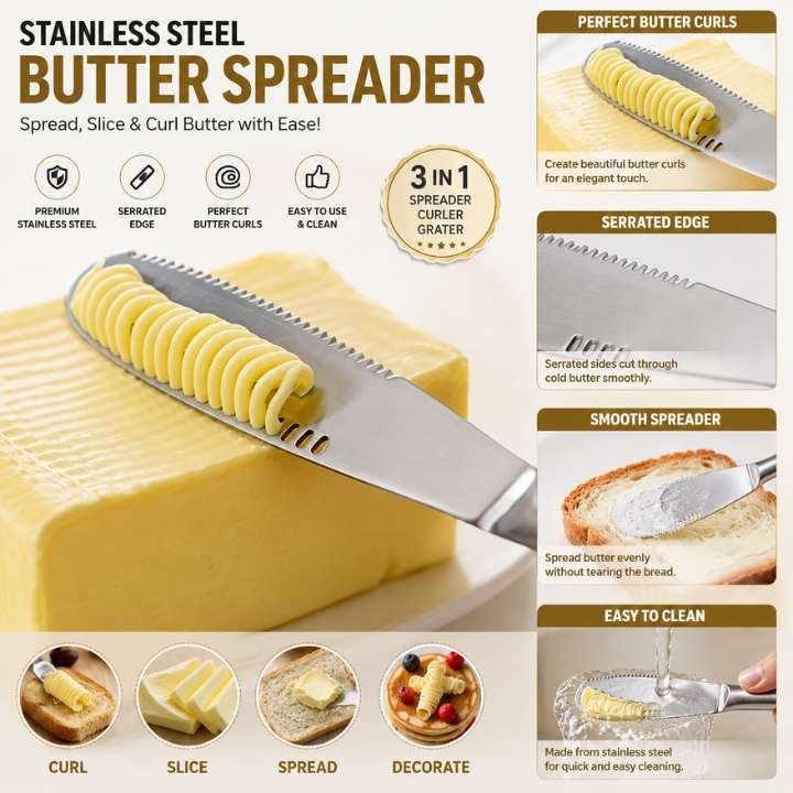 1Pc Stainless Steel Butter Spreader Knife & Curler | Serrated Cold Butter Grater & Slicer