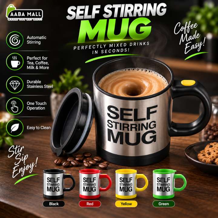 Automatic self stirring stainless steel coffee mixing mug with lid for coffee tea milk and protein shakes