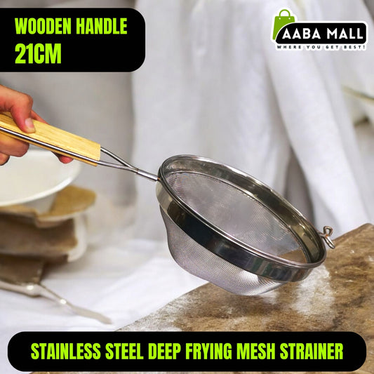 Stainless Steel Fine (21 CM) Double Mesh Strainer Colander with Wooden Handle for Kitchen