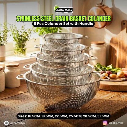 Set of stainless steel drain baskets with handles on a kitchen counter, branded as AABA MALL.