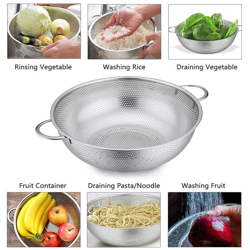 Multifunctional colander being used for various kitchen tasks with text labels.