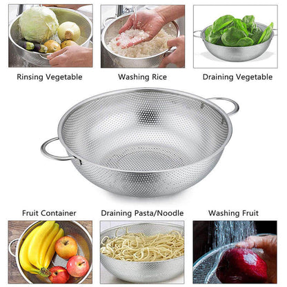Multifunctional colander being used for various kitchen tasks with text labels.