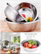 Stainless steel colander with vegetables on a wooden surface