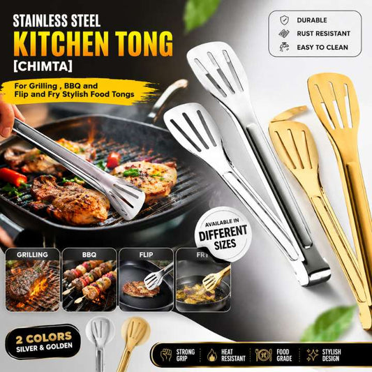 Silver & Golden Chimta – Stainless Steel Kitchen Tong for Grilling, BBQ, Flip & Fry Stylish Food Tongs