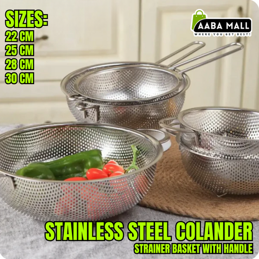 stainless steel colander, frying basket with handle, kitchen strainer basket, chef cooking basket, french fry basket, vegetable washing basket, pasta strainer, deep fry basket, multipurpose colander.