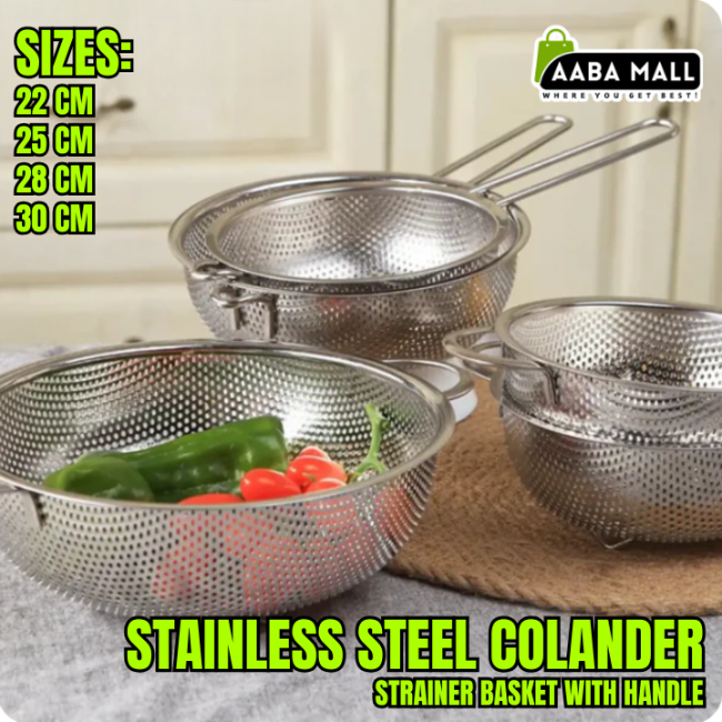 Stainless steel colander strainer basket with long handle, fine mesh kitchen tool for washing vegetables and frying food
