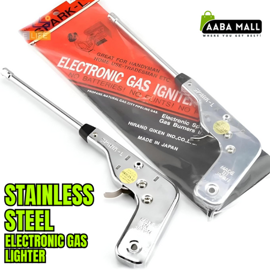 Stainless steel electronic gas lighter with long reach, gun shape igniter for kitchen stove, oven, and grill burners