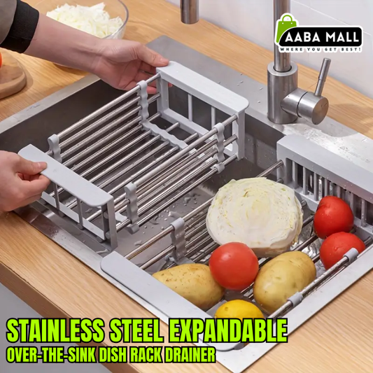 over the sink dish rack, stainless steel dish rack, expandable drying rack, kitchen organizer, dish drainer, rust resistant rack, space saving kitchen rack, fruit and vegetable drainer, dish drying rack
