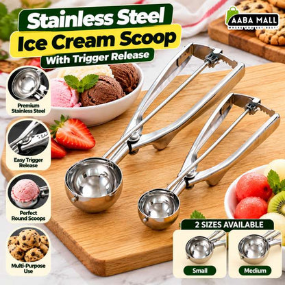 Stainless Steel Handheld Ice Cream Scoop with Trigger Release | Heavy Duty Ice Cream Scooper | Cookie Dough Scoop | Melon Baller | Fruit Scooper | Easy Release Kitchen Tool