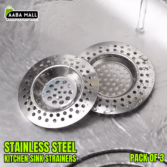 Pack of 3 stainless steel drain strainers for kitchen sink and bathroom shower, showing the micro-perforated mesh pattern and flat anti-clog design.