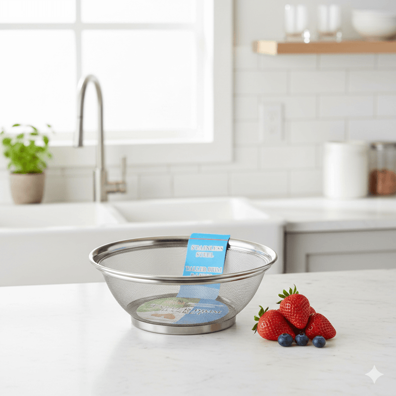 Metal strainer on a kitchen counter with strawberries and blueberries