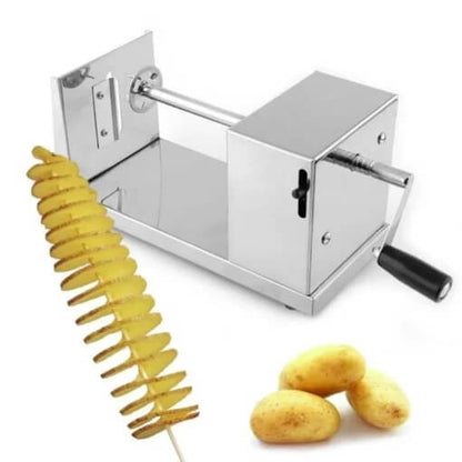 Potato spiralizer with a few potatoes on a white background