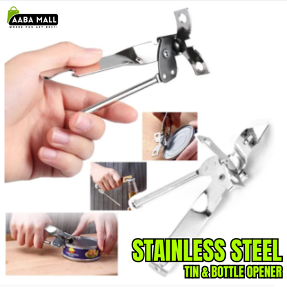 stainless steel tin and bottle opener with comfy grip handle