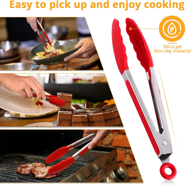 9.5" Stainless Steel Cooking Tong Chimta with Silicone Tips | Heat-Resistant Metal Tongs with Non-Slip Rubber Grips - AABA MALL