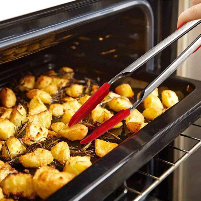 9.5" Stainless Steel Cooking Tong Chimta with Silicone Tips | Heat-Resistant Metal Tongs with Non-Slip Rubber Grips - AABA MALL