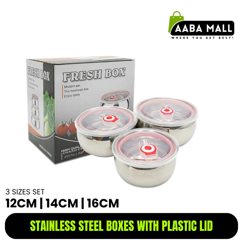 3 Pc Bowl Set Stainless Steel Box Bowls WITH Lids Mixing Bowl Stackable Easy Cleaning - AABA MALL