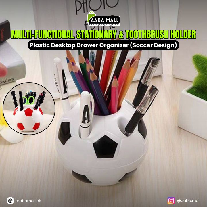 Multi-Functional Stationary & Toothbrush Holder – Plastic Desktop Drawer Organizer (Soccer Design)