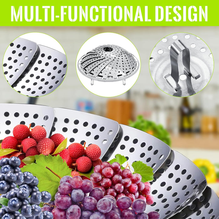 Compact stainless steel steamer basket for kitchen use