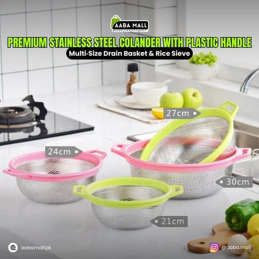 Premium Stainless Steel Vegetable & Fruit Colander with Plastic Handle – Multi‑Size Drain Basket & Rice Sieve