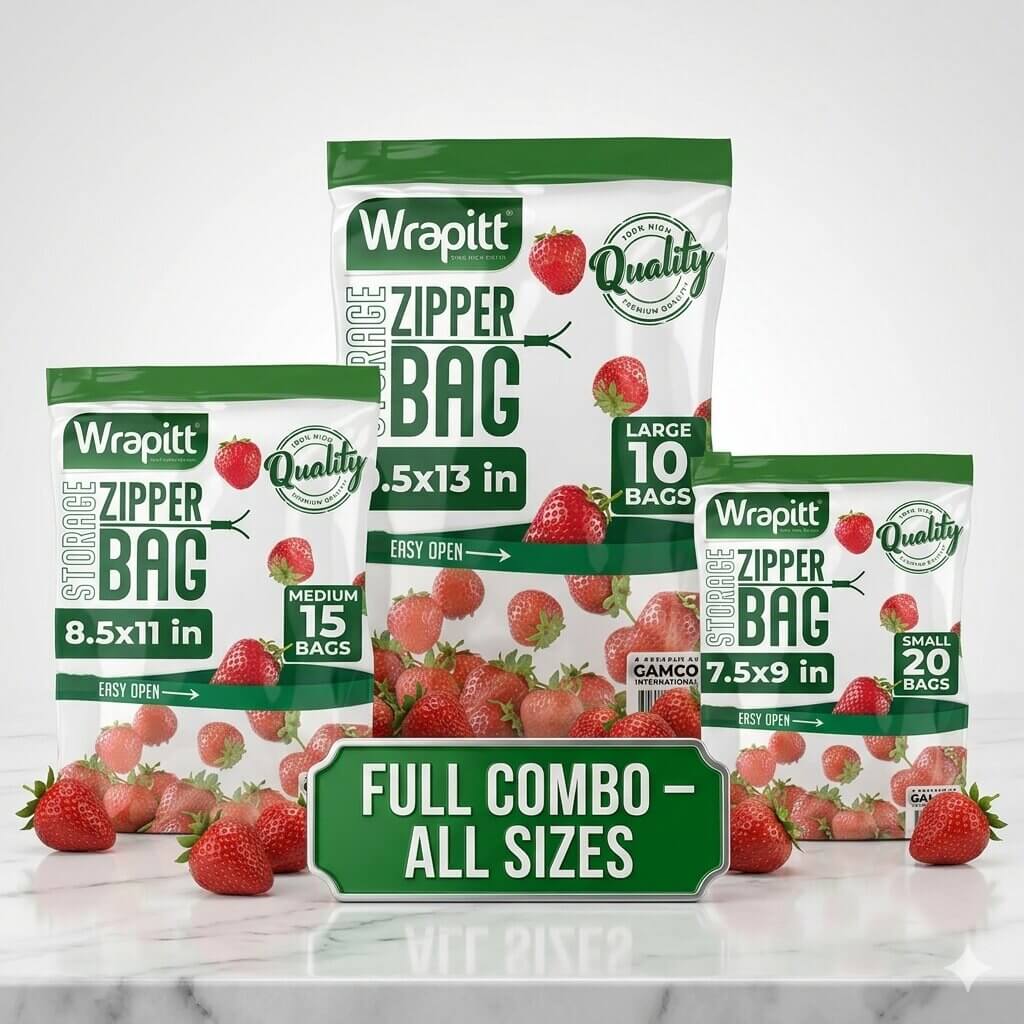 Collection of Wrapitt zipper bags with strawberry graphics on a white background