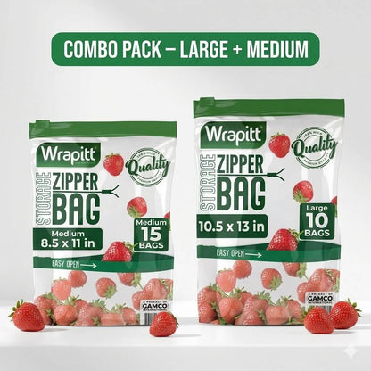 Two packages of Wrapitt zipper bags with strawberry graphics on a white background