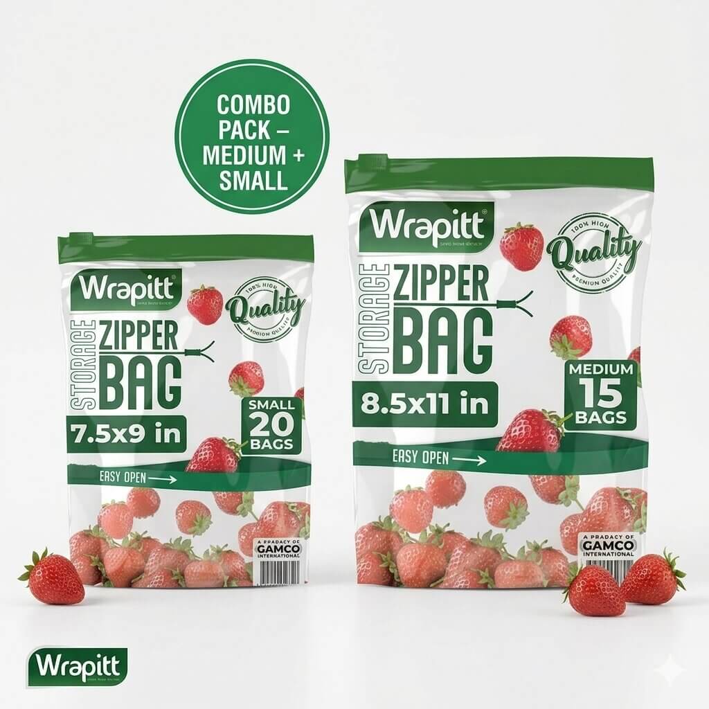 Two packages of Wrapitt zipper bags with strawberry graphics on a white background