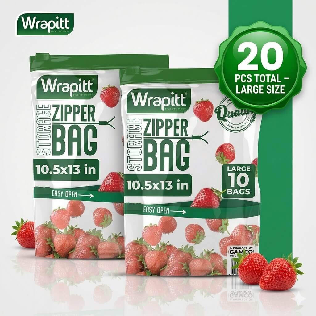 Two packages of Wrapitt zipper bags with strawberries on a white background