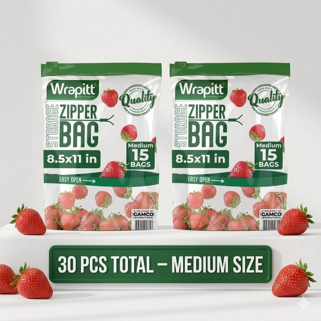 Two packages of Wrapitt zipper bags with strawberries on a white background