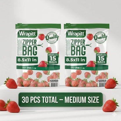 Two packages of Wrapitt zipper bags with strawberries on a white background
