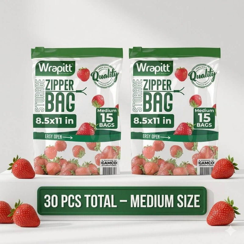 Two packages of Wrapitt zipper bags with strawberries on a white background