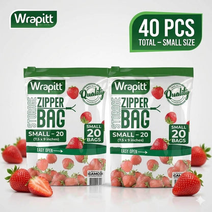 Two packages of Wrapitt zipper bags with strawberries on a white background
