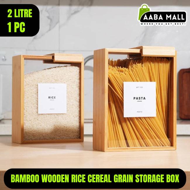 Close-up of a bamboo wooden rice and grain storage box with a fitted lid, shown filled with white rice, sitting on a kitchen pantry shelf.
