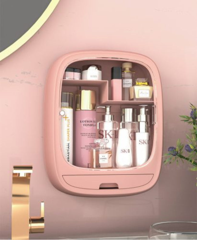 Wall-mounted cosmetic storage box with clear lid, hanging makeup organizer for bathroom and bedroom counter space saving
