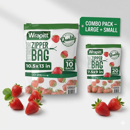 Two packages of Wrapitt zipper bags with strawberries on a white background