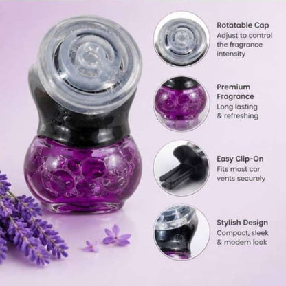 Purple car fragrance diffuser bottle with a clear rotatable cap, shown on a light lavender background with four circular feature callouts and lavender sprigs.