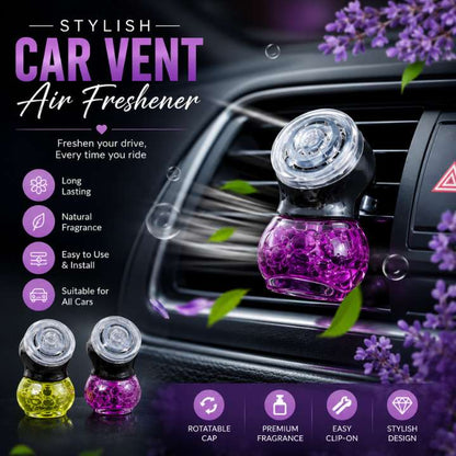 Purple car air freshener vent plug with purple gel beads, shown inserted into a car air vent. The ad includes product features on the left and two small bottles showing yellow and purple gel options at the bottom left.