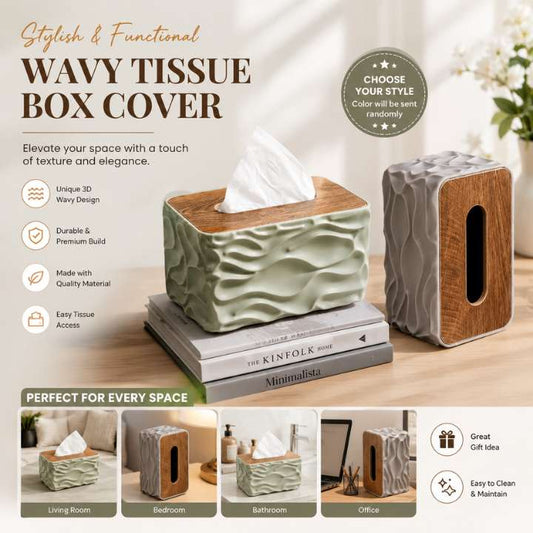 Stylish Wavy Tissue Box Cover with Wooden Lid – Modern Textured Napkin Holder for Home, Office & Living Room Décor