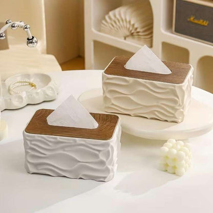 Stylish Wavy Tissue Box Cover with Wooden Lid – Modern Textured Napkin Holder for Home, Office & Living Room Décor