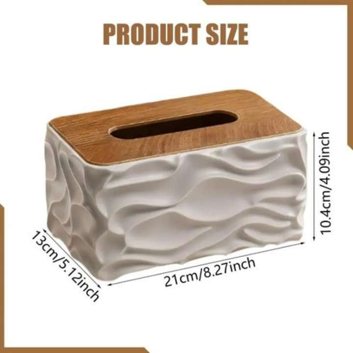 Stylish Wavy Tissue Box Cover with Wooden Lid – Modern Textured Napkin Holder for Home, Office & Living Room Décor