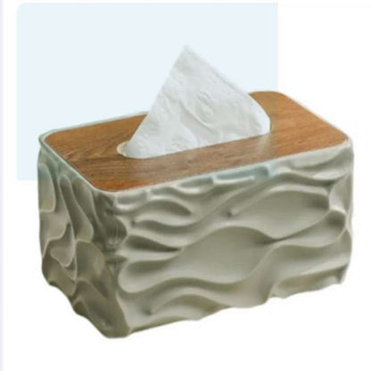 Stylish Wavy Tissue Box Cover with Wooden Lid – Modern Textured Napkin Holder for Home, Office & Living Room Décor