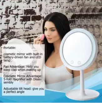 Sweat-Free Makeup Mirror Beauty Fan Mirror Desk-Top Keeps Skin Cool Beauty LED Lighted