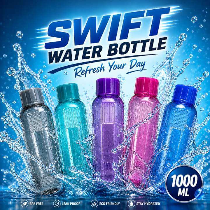 SWIFT 1 Liter Leakproof Water Bottles - BPA Free PET Plastic | Refrigerator-Friendly | 1000 ML Bottle Set / Bundle Offer