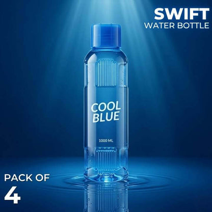 Blue water bottle labeled 'Cool Blue' with 'Swift Water Bottle' branding on a blue background.