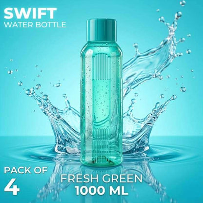 Turquoise water bottle with water splashes on a blue background, labeled 'Swift Water Bottle'.